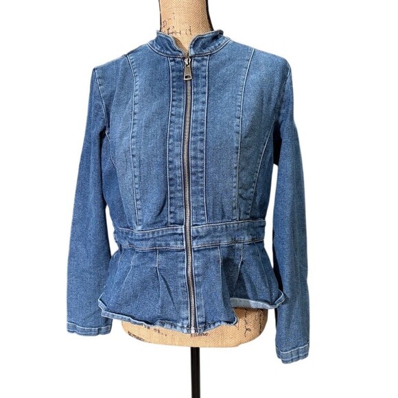 Dkny Jackets & Blazers - DKNY Jacket Womens Size M Blue Denim Peplum Full Zip Stand Collar Long